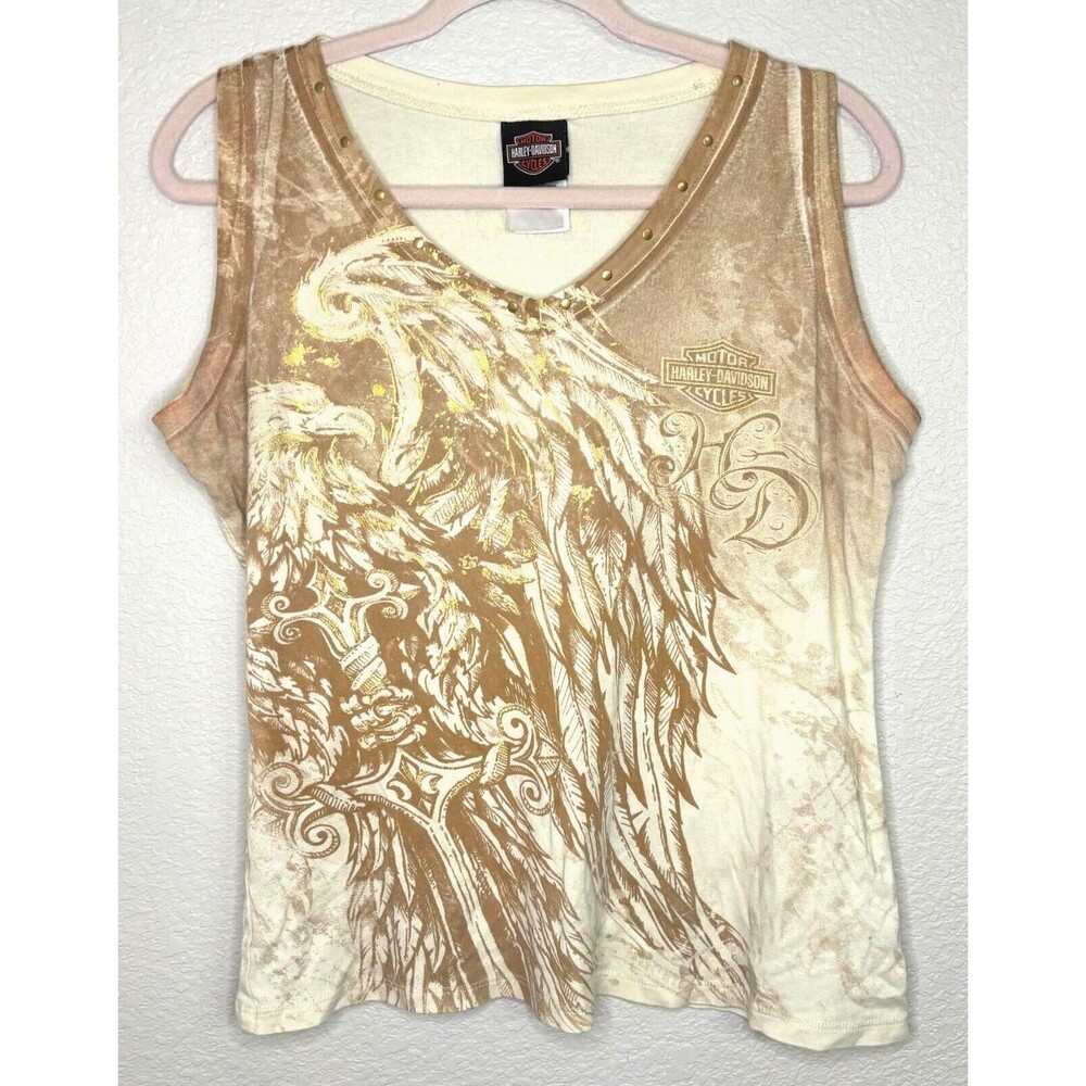 Womens HARLEY DAVIDSON Tank Top Eagle Brown & Cream Metallic Gold Vintage Y2K XL